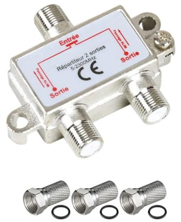 HDSAT Antennenverstärker für TV oder Sat 1 Eingang, 2 Ausgänge 5 – 2300 MHz + 3 F-Stecker, silberfarben