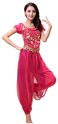 Bollywood Indian Princess Theme Belly Dance 2-Piece Costume Set Outfit for Women Girls with top and Pants (150-169cm, 30-60kg) (Pink)