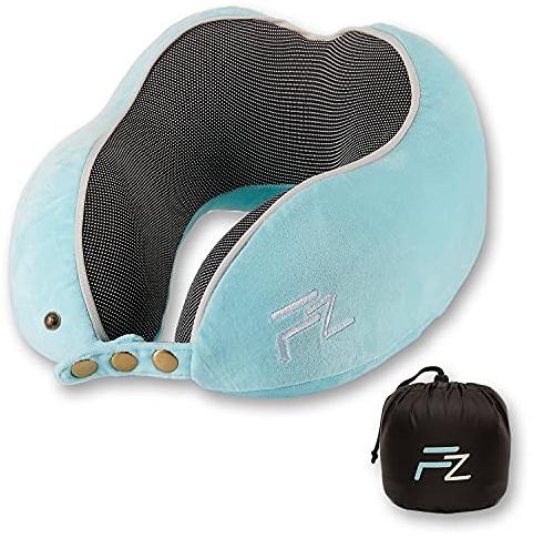 FLOWZOOM Nackenkissen für Kinder ab 6 Jahre - einstellbares Memory Foam Kinder-Nackenhörnchen mit weichem, atmungsaktivem & waschbarem Bezug - inkl. Tranportbeutel - Blau, Größe M (ab 6 J.)