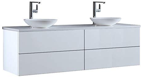 StoneArt Badmöbel Set mit Mineralguss Waschbecken Waschschale Aufsatzwaschbecken und Unterschrank Waschtisch Einzel- oder Doppelwaschbecken Brugge BU-1601pro-4 weiß 160cm