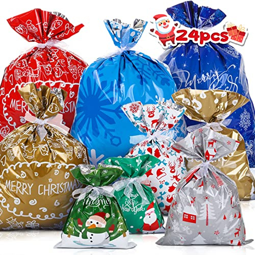 LIHAO 24 x Geschenktüte Geschenkverpackung zum Befüllen Deko Geschenkbeutel Weihnachten Tüte mit Bänder Aufkleber Verschiedene Größe für Party