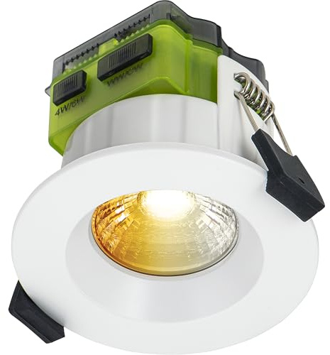 Luceco LED Recessed Downlight with Power Change & Dim2Warm Colour Change, Fire Rated, Dimmable, Spotlight for Kitchen and Bathroom, FType MK2, White, IP65, 4W/6W, 690lm, 3000-2400K & 4000K, FTR6WD2W