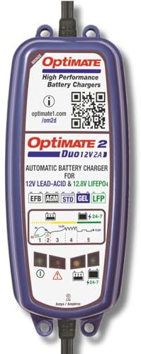OptiMate 2 Duo 12V 2A Car Battery Charger & Maintainer for Lead-Acid & LiFePO4 Batteries, Car Motorcycle Boat & Camper, Automatic Battery Type Detection, 4V Recovery