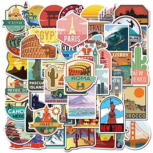 Bric dodo 50Pcs Travel Map Country Stickers, Waterproof & Reusable, Vinyl Material, Perfect for Laptops, Cars, Skateboards & More, Vintage Style