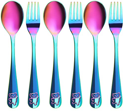 6-Teilig KinderBesteck aus Edelstahl, 3 Gabeln und 3 Löffel für Baby & Kinderzeit, Kinderbesteck Mit Gravur, Geschenke zur Taufe,Taufgeschenke(Regenbogen)