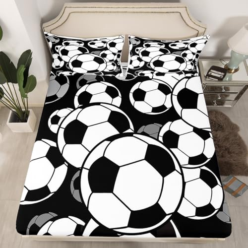 Football Bedding Sheet Sports Fitted Sheet for Kids Boys Girls Teens Soccer Ball Bed Sheet Set Breathable Competitive Games 3D America Football Black White Comforter Cover Room Decor Twin Size