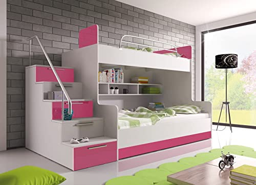 Generisch Etagenbett TOMI 2 Halbhochbett mit Treppe inklusive Stauraum Doppelstockbett Hochglanz Kinderbett Hochbett Tomi Schubfächer + Rahmen (Links, Weiß/Rosa)