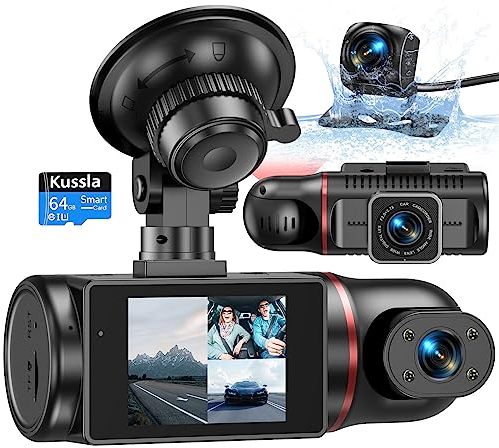 Kussla Dash Cam Front and Rear Inside 3 Channel Dashcam for Cars 1080P with 64GB Card Adjustable Lens 3 Ways Triple Camera with Night Vision, G-sensor, Loop Recording, Parking Monitor