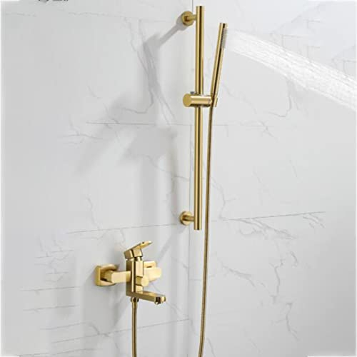 Badewannenarmatur, gebürstetes Gold, Badewannenarmatur, Wandmontage, Wannenmischbatterie, Warm- und Kaltwasser, Wannenfüller, Wannenarmatur aus Messing, Einhandgriff mit Handbrause und Duschstange