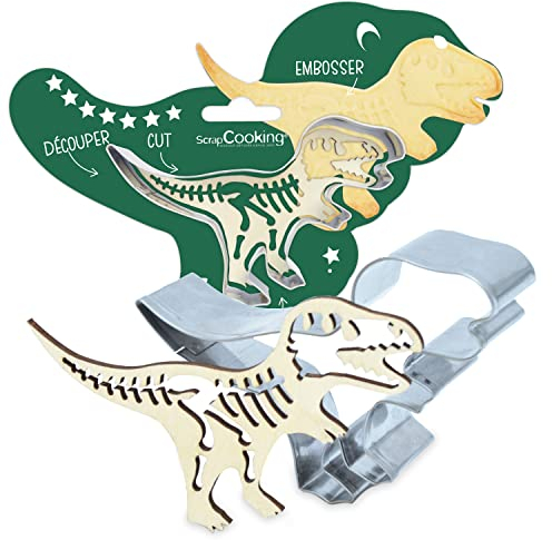 ScrapCooking 2098 - Kit de cortadora y embosador de madera Dino – Cortador Dinosaurio de acero inoxidable para galletas en relieve – Molde accesorio pastelería con mantequilla – Animales, Jungle