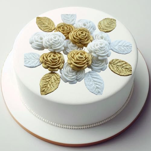 12x White Gold Roses Leaves Cake Toppers, Edible Birthday, Christening, Gold Wedding Anniversary Cake Decorations, Sugar Flowers Cupcake Toppers