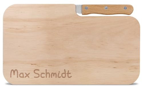 GRAVURZEILE Tabla de desayuno con grabado propio en diferentes motivos, incluye cuchillo, personalizable con nombre y texto, madera maciza de aliso, 26 x 15,5 x 1,2 cm, color nombre