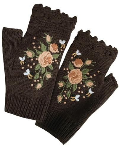 Fingerlose Damenhandschuhe, bequeme Halbfinger-Strickhandschuhe mit gestickter Blume, lange Servierhandschuhe aus Leder, fingerlose Handschuhe, tragbare Häkelhandschuhe für Damen zum Schreiben,