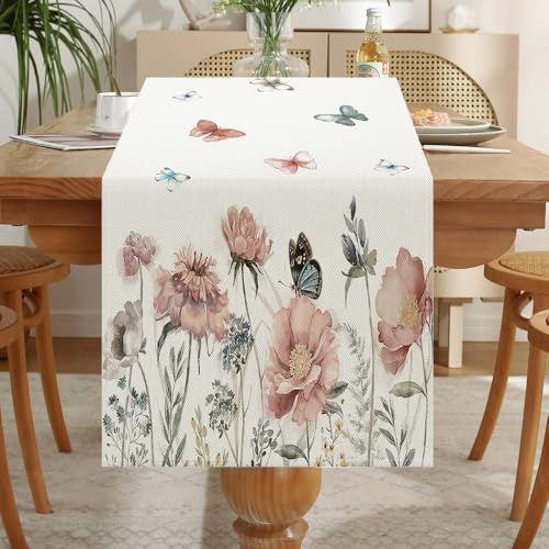 LOZULO Blumen Tischläufer Modern Natur Tischläufer Frühling Wetterfest Leinen Lang Abwaschbar Outdoor für Party Tischmatten Läufer 40x140 cm