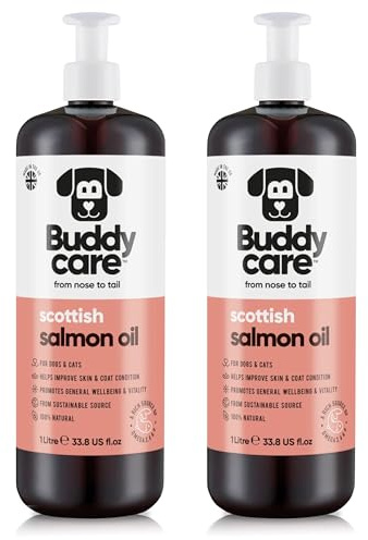 Olio di Salmone Premium per Cani Buddycare (1L x2) | Integratore Essenziale di Omega 3, 6 e 9 per Cani e Gatti | Omega 3 Naturale per Gatti | Olio di Salmone per il Supporto del Sistema Immunitario