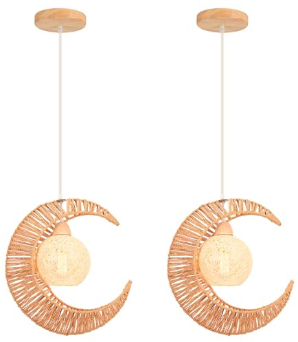 LIGKIN 2 Pezzi Lampada a Sospensione Rattan Vintage Lampadario Boho Paralume a Corda E27 Plafoniera a Luna Lampada a soffitto per Camera da letto, Soggiorno, Cucina, Caffè