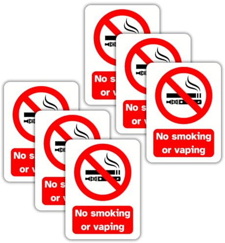 No Smoking or Vaping Vinyl Signs, 75mm x 100mm, Self-Adhesive Stickers, Waterproof, Indoor/Outdoor Use, Safety Warning Sign, C&J Goods (No smoking and vaping, 6 Pack)