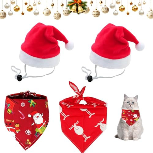 Weihnachten Hund Halstuch, 2er-Pack Weihnachts-HaustierschalsBandana, 2-teilige Weihnachtsmützen, Weihnachtskleidungsset, Katzen- und Hundeschals für kleine und mittelgroße Hunde,