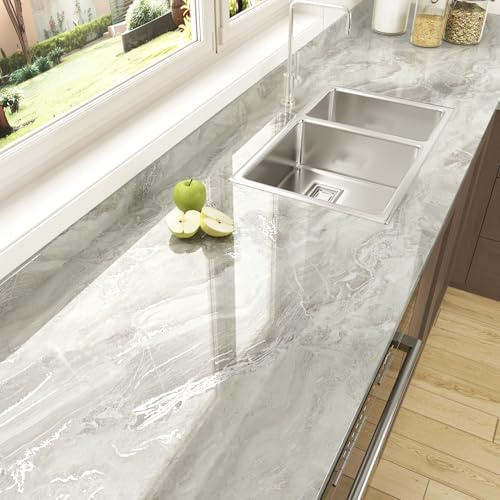HotDecor Papier Peint Marbre Brillant Rouleau Adhesif Decoratif Beige Et Argent Revêtement Plan De Travail Adhésif Vinyle Papier Adhesif Pour Meuble Cuisine Lavable Film Autocollant 60cm x 300cm