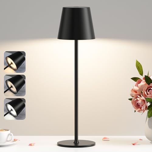 PreeOtti Lampada da Tavolo Senza Fili, Touch Dimmerabile, 3 Modalità di Colore, Lampada da Comodino LED Ricaricabile per Camera da Letto, Soggiorno, Campeggio all'aperto Esterno Verande(Nero)