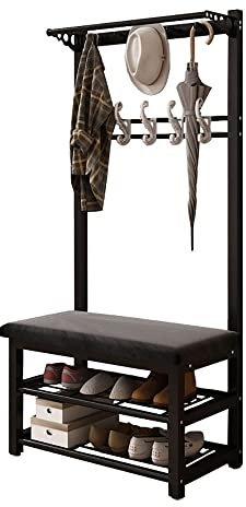 Eingangsbereich Flur Baum Garderobe Schuhbank mit Ablagefach und 10 Haken Multifunktionsmöbel mit Metallrahmen