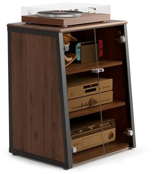FITUEYES HIFI Stand with Brown Glass Doors Adjustable Storage Space Record Player Stand with Ventilation Mesh Panel Protection Equipment 66×65×81cm