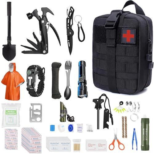 Kit Survie Complet Trousse Premier Secours Militaire Guerre nucléaire Équipement Camping Randonnée Sac 72h Catastrophe Multifonction Allume-Feu Couverture Urgence Catakit Evacuation