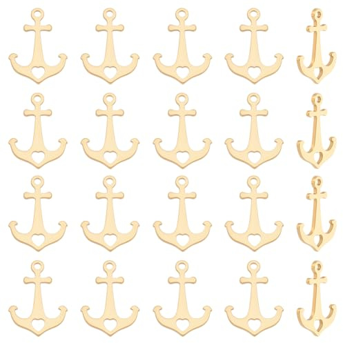UNICRAFTALE 50pcs Nautical Anchor Charms with Hollow Heart 18K Gold Plated Charms Stainless Steel Vintage Anchor Sign Metal Charm Pendant for Keychains Necklace Jewelry Making