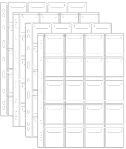 4 Sheets 20 Pocket Coin Collection Pages, 5x5cm Clear PVC Coin Binder Inserts Sleeves with 9 Hole Collecting Binder Protectors for Coins Album, Stamp, Currency, Silver Dollar Storage