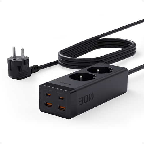 TESSAN 30W USB-C Uttag, GaN USB-C Snabbladdare med 2 portar, Förlängningssladd med 5 meter och överspänningsskydd 3600W för kontor, svart