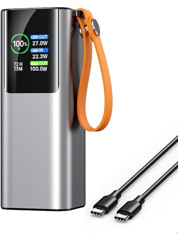 Batterie externe pour ordinateur portable 20 000 mAh avec écran, chargeur portable 100 W à charge rapide avec lampe torche, batterie supplémentaire, compatible avec appareils photo(Color:argent)
