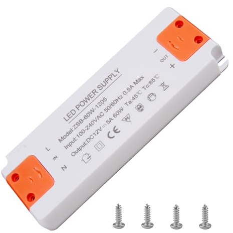 Transformateur LED 220V 60W, LED Driver Transformateur 12V 5A, Convertisseur Tension AC/DC, Adaptateur de Transfo 12V Constante Ultra-Mince pour GU5.3 / MR16 / Cabint Lights/Light Strip/Spots