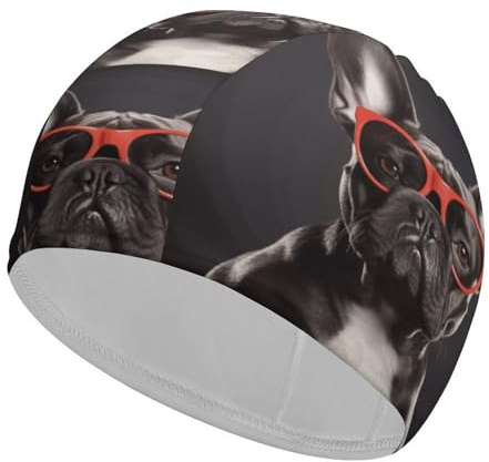 Badekappe, Stoff, französische Bulldogge, Badekappe für kurzes, langes Haar, um das Haar trocken zu halten, wasserdichte Badekappen für Damen und Herren, dehnbar, bequem, Duschhaube, rutschfester