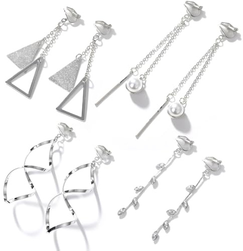 Koprek 4 Pairs Clip On Earrings Women, Silver Hole-Free Willow Leaf, Wave, Pearl, Triangular Ear Clips Designs, Hypoallergenic Earring Clip Suitable for Daily Wear, As Gift