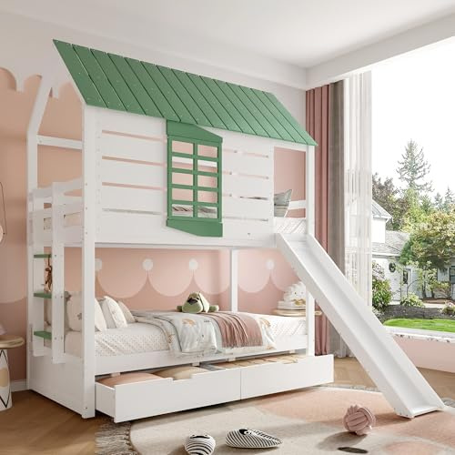 YuQozii Letto a castello 90X200 con scivolo e 2 cassetti, bianco+verde