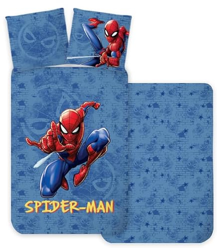 Parure de literie Spiderman taille simple | Housse de couette 140 x 200 cm + Taie d'oreiller 60 x 65 cm | 100% Coton | Ensemble de literie doux et respirant pour enfants | Décor de chambre de