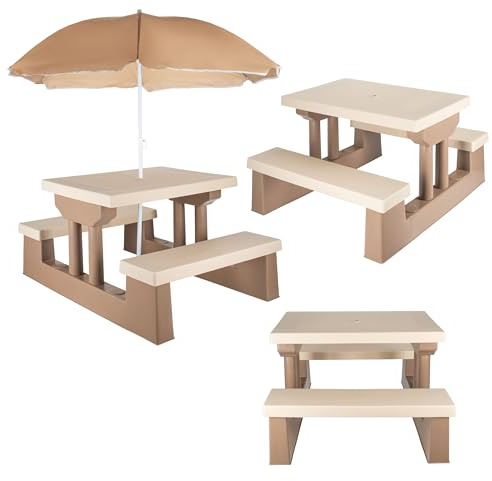COIL Salon de jardin, table pour enfant avec parasol, groupe de sièges polyvalents, table de pique-nique pour enfants à partir de 3 ans (marron)