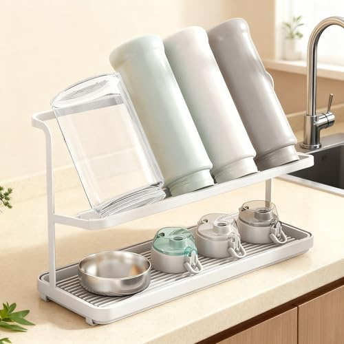 Gachiwar Flaschenabtropfgestell mit 2 Ebenen aus Karbonstahl – kompakter Trockner mit schrägen Ablagen für Sodastream, Flaschen, Tassen, Gläser – rutschfest, platzsparend, weiß