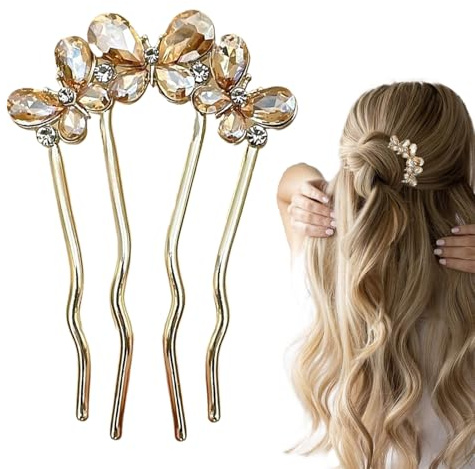 Horquillas Francesas Para Pelo Grueso | Tirabuzón de 4 Púas con Rhinestones | Horquilla Lateral en Forma de U | para Boda Fiesta Evento Social Graduación Baby Shower