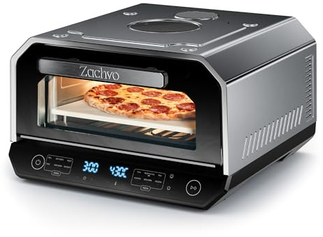 ZACHVO Pizzaofen Elektrisch 450°C – Neapolitanische Pizza in 90 Sek, Sichtfenster & Innenbeleuchtung, 13 Programme (6 Pizza + 6 Kochen + Profi), 14,6L Großes, Pizzaschaufel & Pizzastein & Backblech