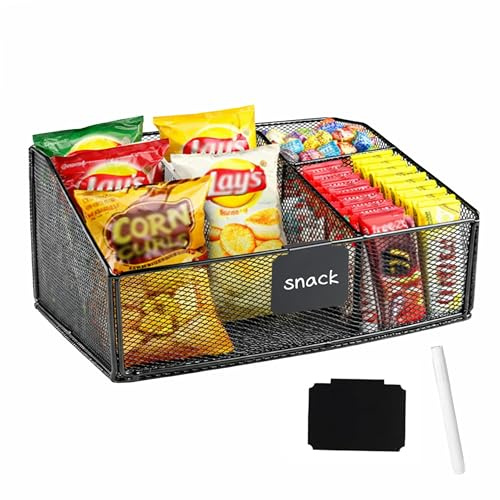 Hynorian Snack Organizer aus Metall mit 3 Fächern und Schild, Schwarz | Snackbar mit Stift und offenem Trapez-Design für übersichtliche Aufbewahrung von Süßigkeiten, Schokoriegeln und Keksen