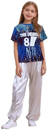 Freebily Enfant Fille Ensemble Danse Jazz Hip Hop T-Shirt Pantalons Paillettes Lettre Cheerleading Costumes Stage Performance Bleu 7-8 ans