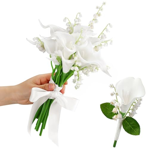 XunYee 16 Pcs Bride Bouquet Set Include 10 White Calla Lily Artificial Flowers 5 Faux Lily of The Valley 1 Groom Boutonniere Pin Bridesmaid Floral Bouquet for Wedding Party Ceremony Anniversary Decor