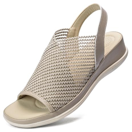 Mnking Sandalias Cuña Mujer Verano Sandalias Plataforma Comodas Plantilla Cuero Peep Toe Transpirable Tejido Malla Slingback para Caminar Tiempo Libre Oficina