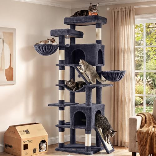 Feandrea Kratzbaum groß, XXL Katzenbaum mit Kratzbrettern und Sisal, Kletterbaum für Große Katzen, 55 x 45 x 206 cm, Dunkelgrau, für Mehrkatzenhaushalt, Clawfy Kollektion PCT021G201