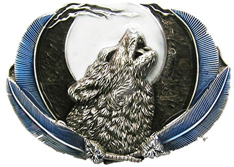 Ny vintage stil blå emalj västerländsk varg måne ovalt bältesspänne boucle de ceinture, Antik borstad silverfärg