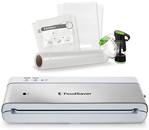 FoodSaver Compact Food Vacuum Sealer Machine with Handheld Sealer Accessory | 1 Roll & 4 Bags | Silver with White Accents [VS0100]