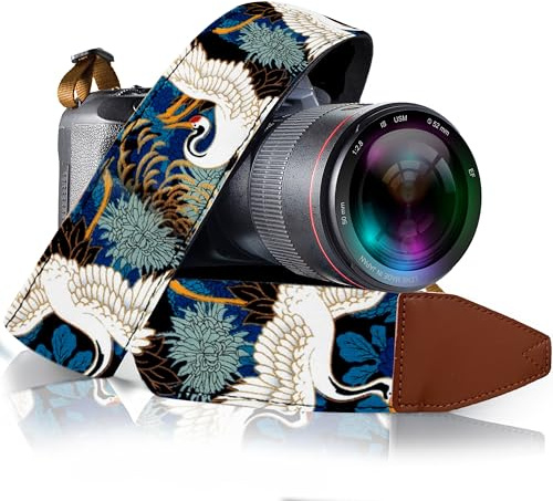 Art Tribute Kameragurt für alle DSLR- und spiegellosen Kameras, universeller Hals, Crossbody & Schultergurt, Blauer Kranich, Goldfolie, Vintage-Blumenmuster, Geschenk für Männer und Frauen Fotografen