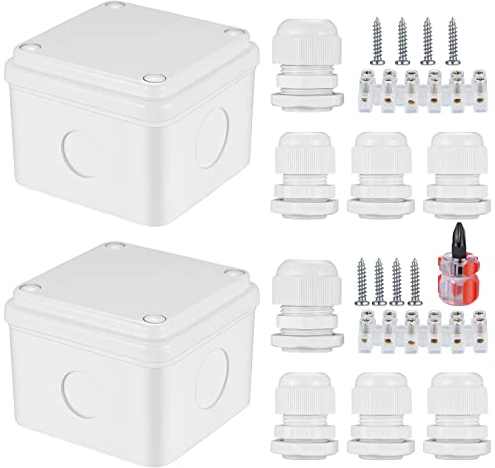 2 Pezzi Scatole di Derivazione Impermeabili IP66, Cassetta di Derivazione con Passacavi, Scatola Derivazione Elettrica da Esterno Esterna, con Cacciavite, 75x75x50 mm/Bianco
