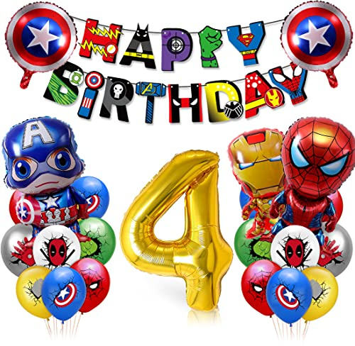 Geburtstag Luftballons Junge, Geburtstagsdeko Jungen 4, XXL Zahl 4 Ballon Gold, Zahlen Luftballon Folienballons 4, Luftballon Junge Geburtstag Kit für Kindergeburtstag Decorations